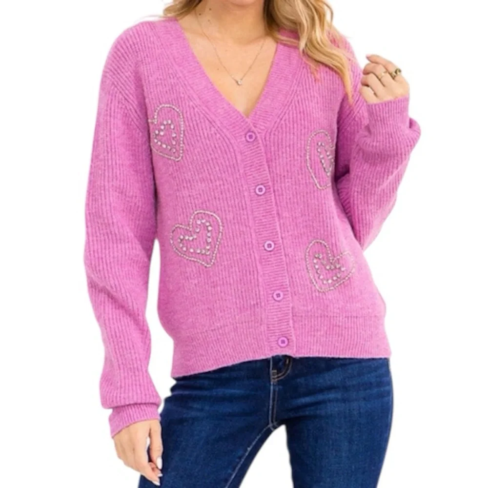Pink Heart Embellished Women's Sweater - Picture 2 of 3